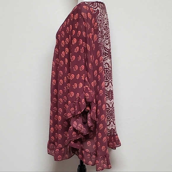 FREE People Marla Dreams Red Paisley Boho Flutter Sleeve Mini Kaftan Dress XS - Picture 6 of 12